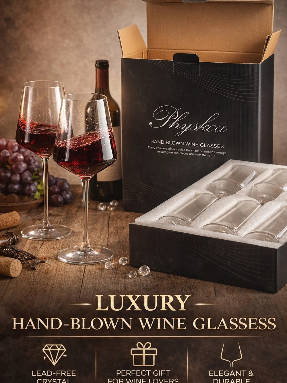 Physkoa Hand Blown Wine Glasses Set of 4 Lead-Free Crystal Elegant Stemware Gift